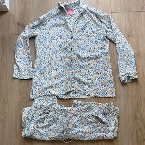 Just Devany Womens XS Pajama Set Blue Floral 100% Cotton Long Sleeve Pants 2pc